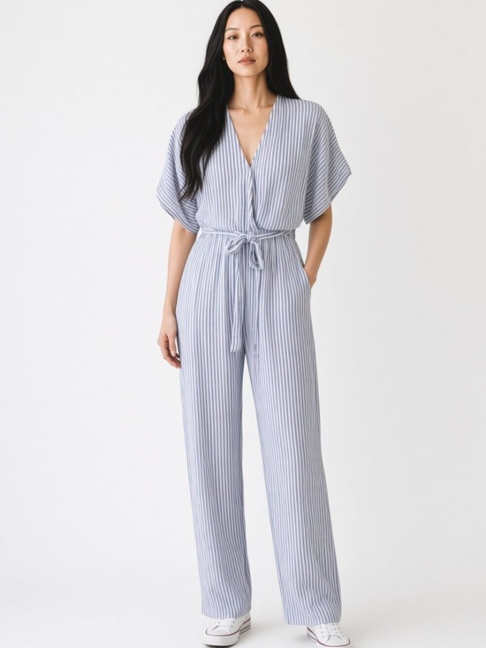 Elan Blue White Striped V-Neck Open Back Dolman Sleeve Jumpsuit Womens S